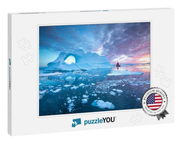 Little Red Sailboat Cruising Among Floating Icebergs in D... Jigsaw Puzzle