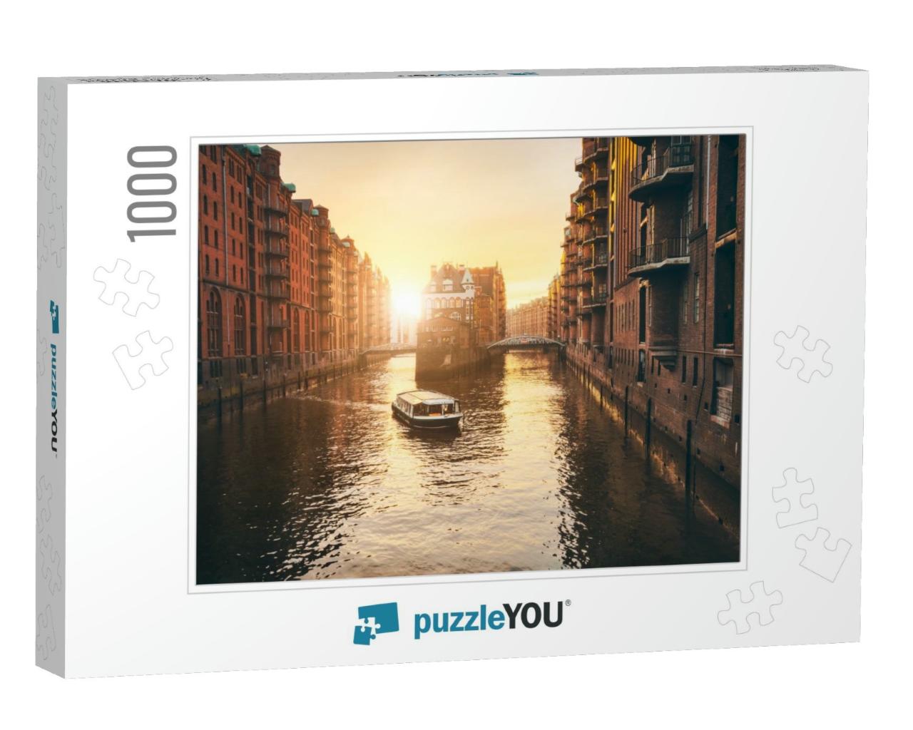 Hamburg Warehouse District in Golden Hour Sunset Lit. Wat... Jigsaw Puzzle with 1000 pieces