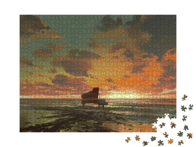 Surreal Painting of Melting Black Piano on the Beach At S... Jigsaw Puzzle with 1000 pieces