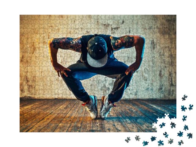 Young Man Break Dancing on Wall Background. Blue & Yellow... Jigsaw Puzzle with 1000 pieces