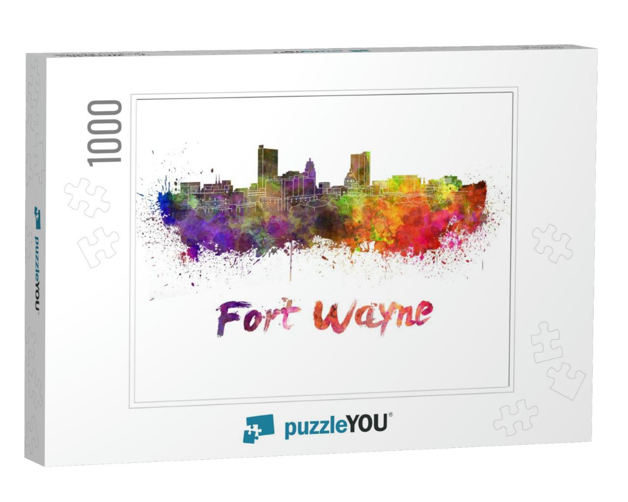 Fort Wayne Skyline in Watercolor Splatters with Clipping... Jigsaw Puzzle with 1000 pieces