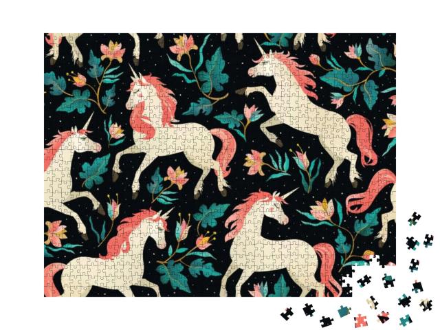 Unicorns on a Dark Background with a Fairy Forest. Seamle... Jigsaw Puzzle with 1000 pieces