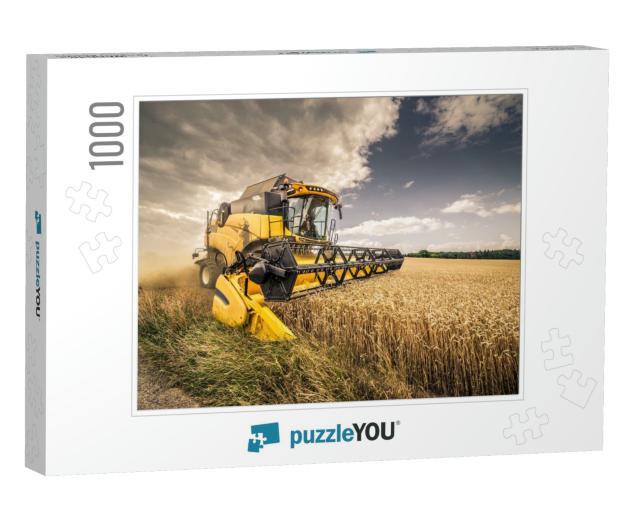 Modern Yellow Combine Harvesting Wheat in the Summer in C... Jigsaw Puzzle with 1000 pieces
