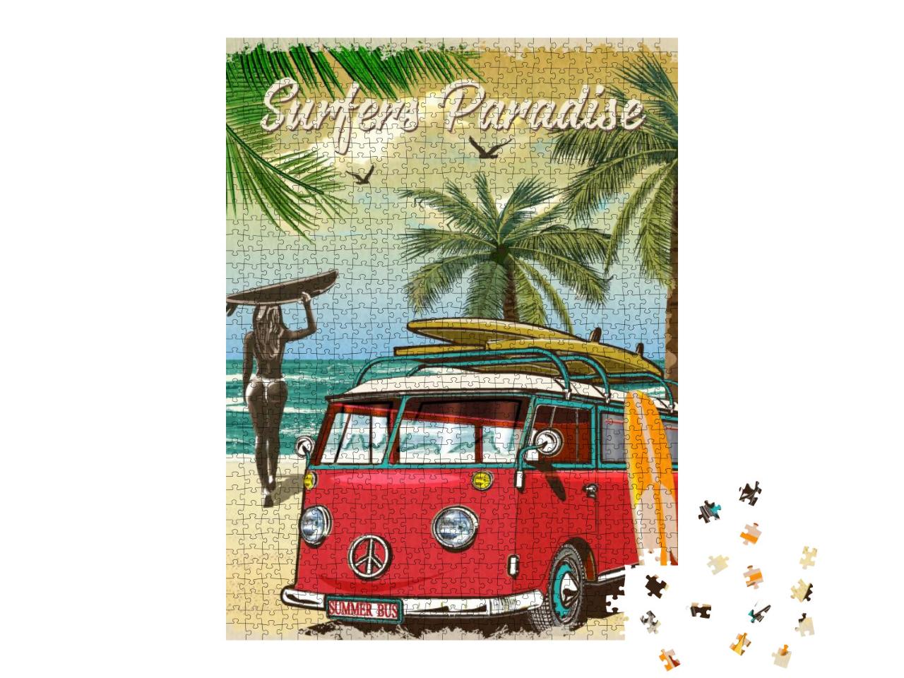 Surf Poster with Retro Bus & Girl Carrying Surfboard... Jigsaw Puzzle with 1000 pieces