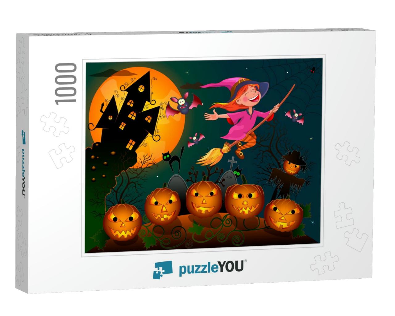 Night on Halloween. a Little Witch Flies on a Broo... Jigsaw Puzzle with 1000 pieces
