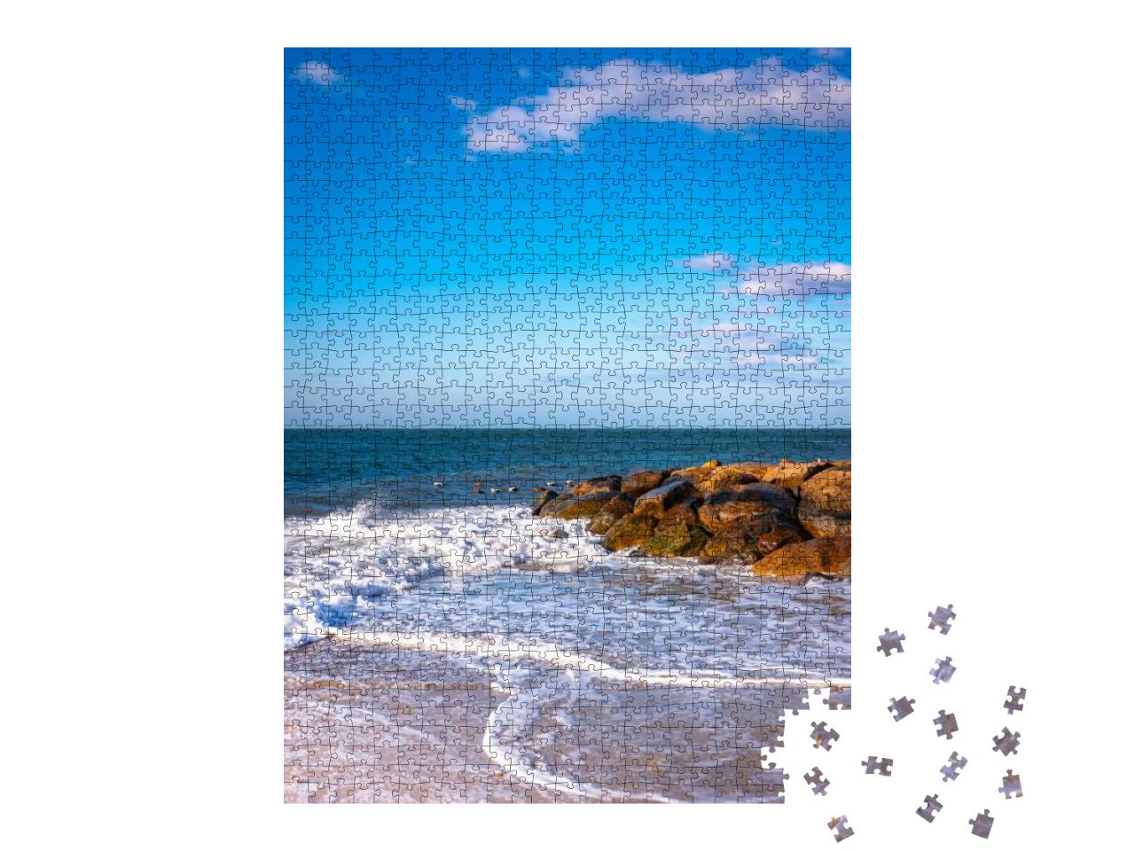 Beach Seascape with the Views of the Jetty & Curving Whit... Jigsaw Puzzle with 1000 pieces