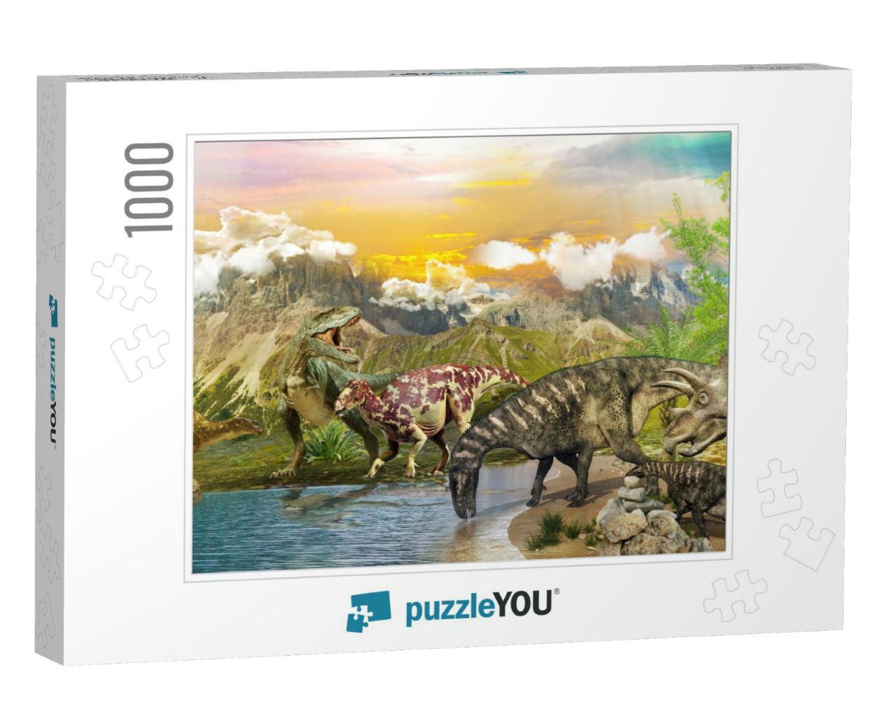 Dinosaurs in the Park by the Lake. 3D Image... Jigsaw Puzzle with 1000 pieces