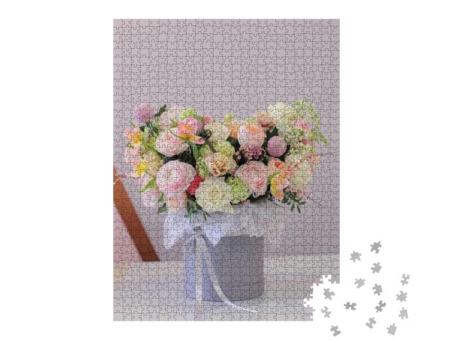 Floral Bunch in Round Box. Big Bouquet in Bright Color of... Jigsaw Puzzle with 1000 pieces