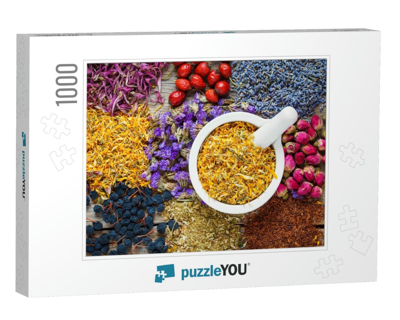 Mortar of Dry Marigold Flowers, Healthy Herbs, Herbal Tea... Jigsaw Puzzle with 1000 pieces