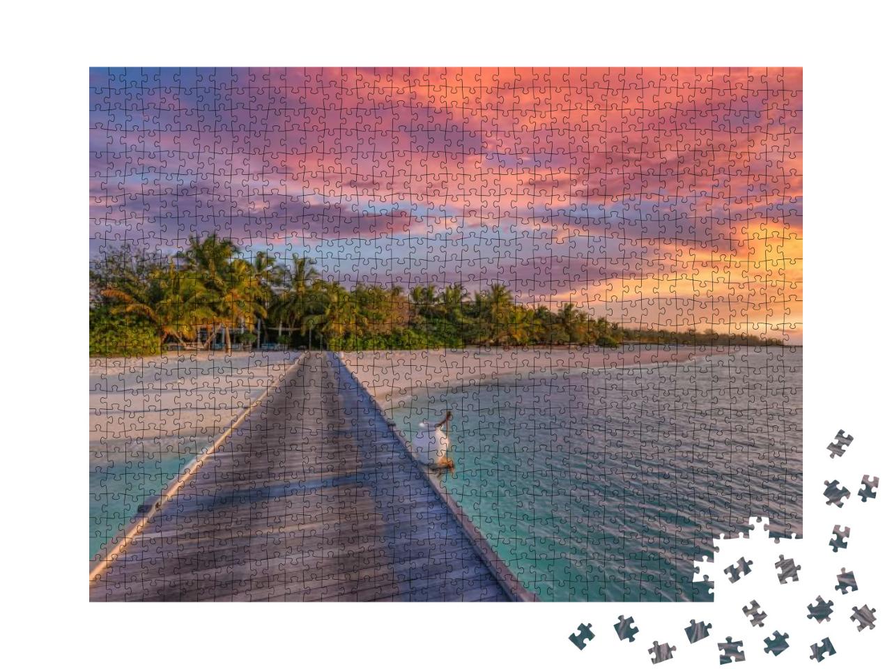 Sunset on Maldives Island Resort. Wooden Pier with Beauti... Jigsaw Puzzle with 1000 pieces