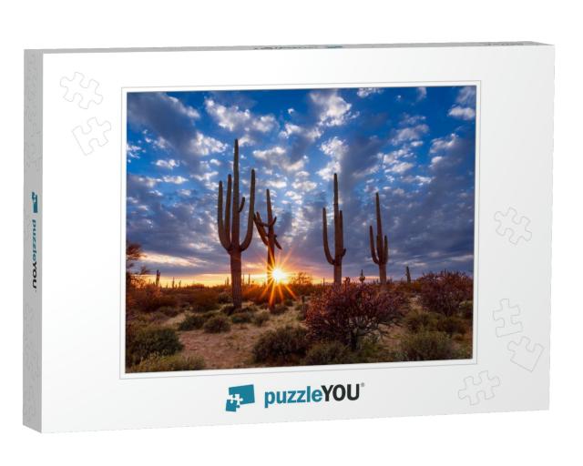Arizona Desert Landscape with Saguaro Cactus At Sunset... Jigsaw Puzzle