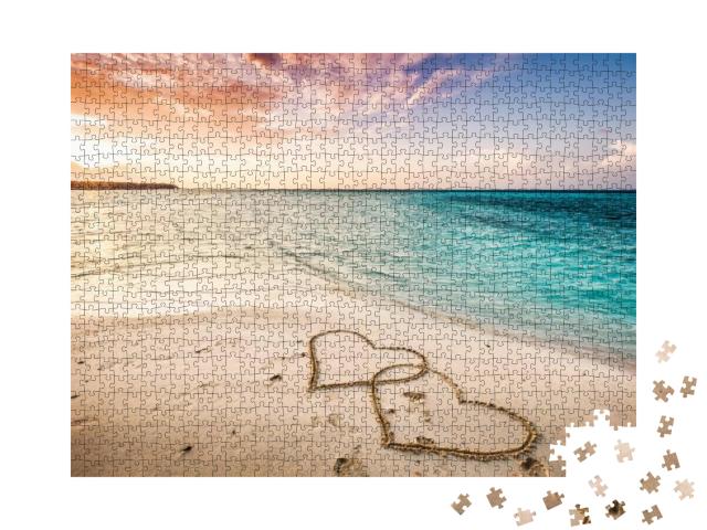 Two Hearts Drawn on a Sandy Beach by the Sea. Sunset View... Jigsaw Puzzle with 1000 pieces