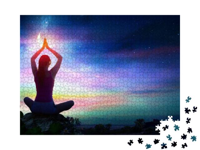 Woman Doing Yoga with Lotus Flowers & Chakra Gradient Col... Jigsaw Puzzle with 1000 pieces