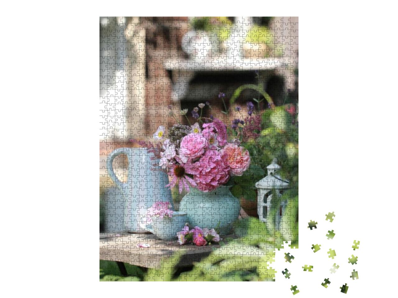 A Bouquet of Pink Flowers in a Blue Ceramic Vase & Other... Jigsaw Puzzle with 1000 pieces