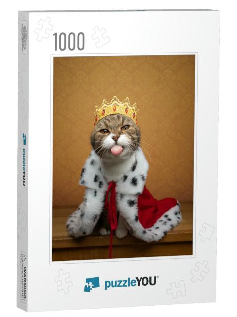 Funny Naughty Cat Wearing King Costume & Crown L... Jigsaw Puzzle with 1000 pieces