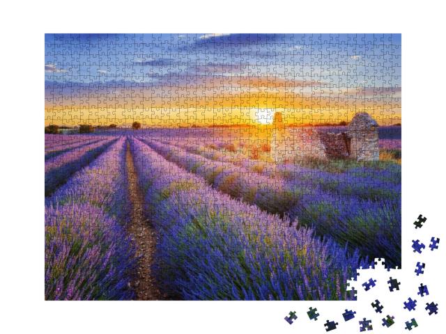 Sun is Setting Over a Beautiful Purple Lavender Filed in... Jigsaw Puzzle with 1000 pieces