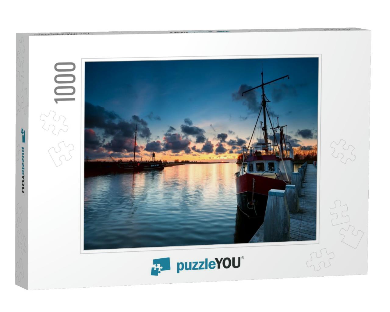 Fishing Ships At Sunset in Zoutkamp, Netherlands... Jigsaw Puzzle with 1000 pieces