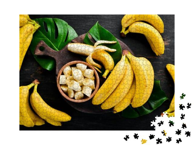 Bananas on a Black Wooden Surface. Tropical Fruits. Top V... Jigsaw Puzzle with 1000 pieces