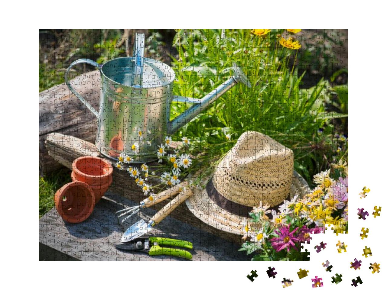 Gardening Tools & a Straw Hat on the Grass in the Garden... Jigsaw Puzzle with 1000 pieces