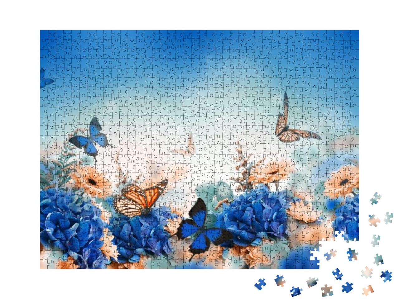 Amazing Background with Hydrangeas & Daisies. Yellow & Bl... Jigsaw Puzzle with 1000 pieces