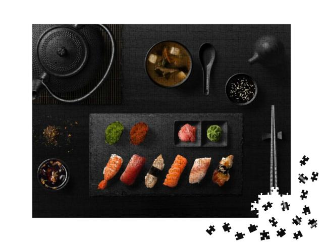 Sushi Rolls, Sashimi Set, Miso Soup & Teapot, on Dark Woo... Jigsaw Puzzle with 1000 pieces