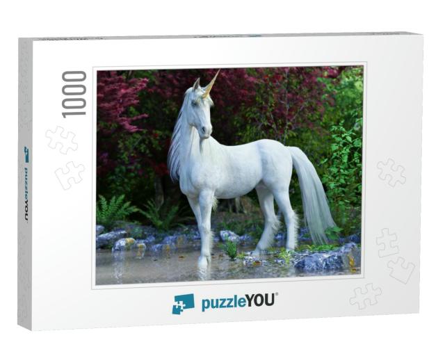 Mythical White Unicorn Posing in an Enchanted Forest. 3D... Jigsaw Puzzle with 1000 pieces