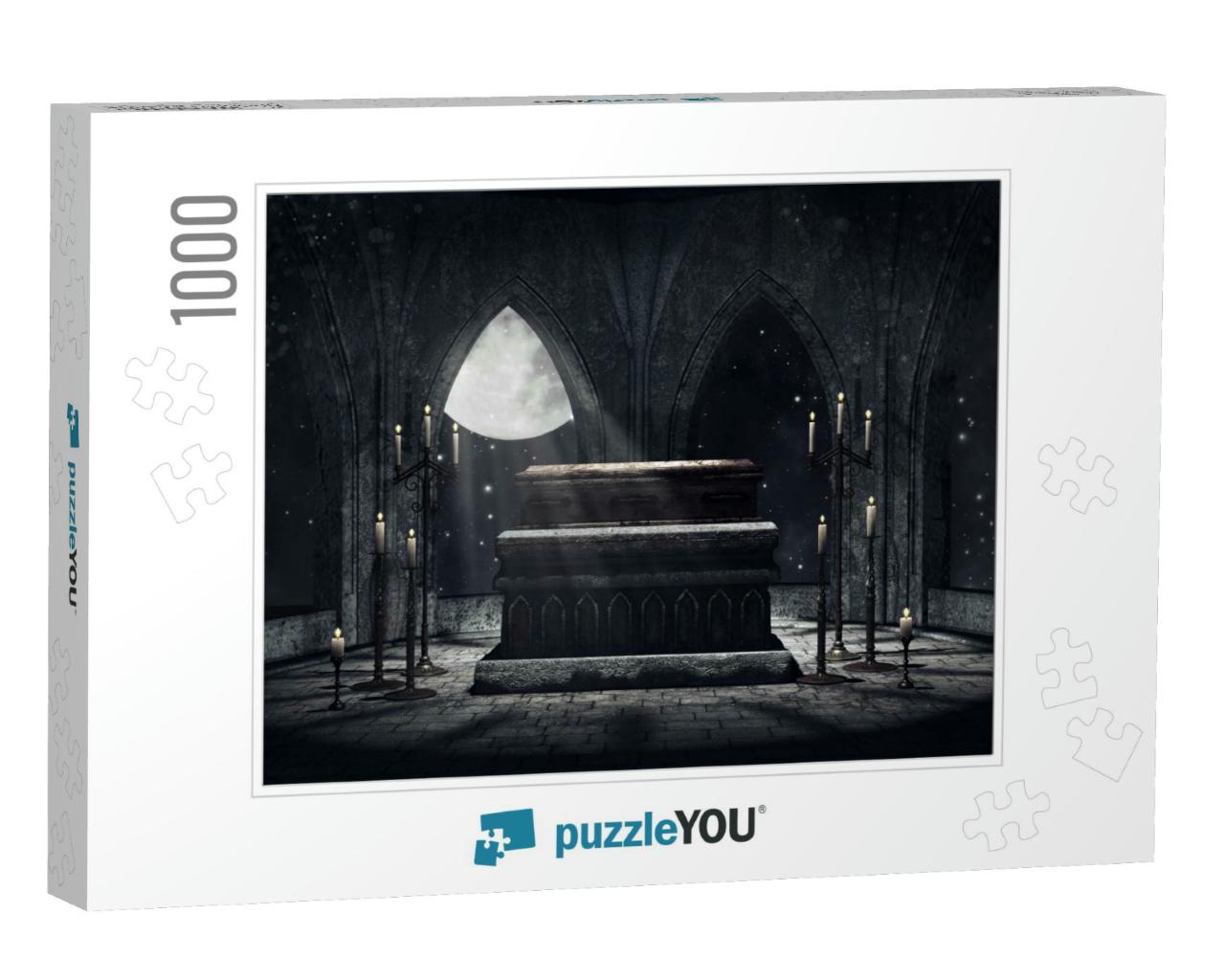 Dark Vampire Crypt with Candles & Moonlight. 3D Illustrat... Jigsaw Puzzle with 1000 pieces