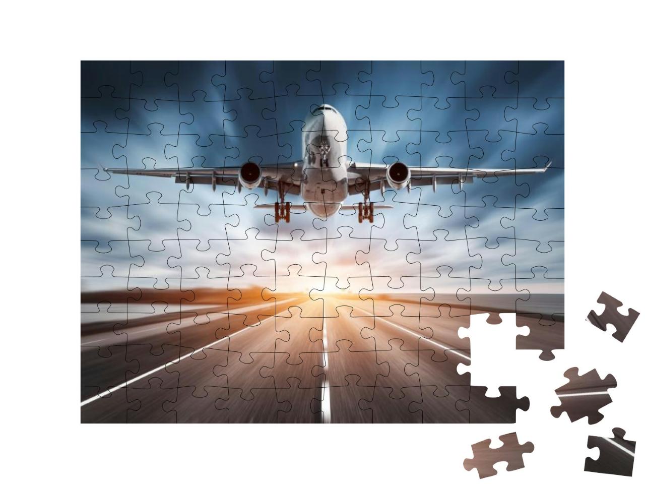 Airplane & Road with Motion Blur Effect At Sunset. Landsc... Jigsaw Puzzle with 100 pieces