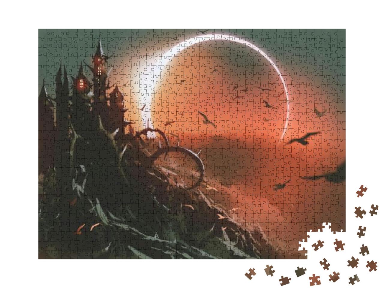 Scenery of Castle of Thorn with Solar Eclipse in Dark Red... Jigsaw Puzzle with 1000 pieces