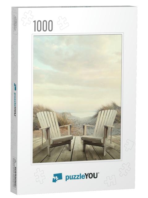 Wooden Deck with Chairs, Sand Dunes & Ocean At Sunset... Jigsaw Puzzle with 1000 pieces