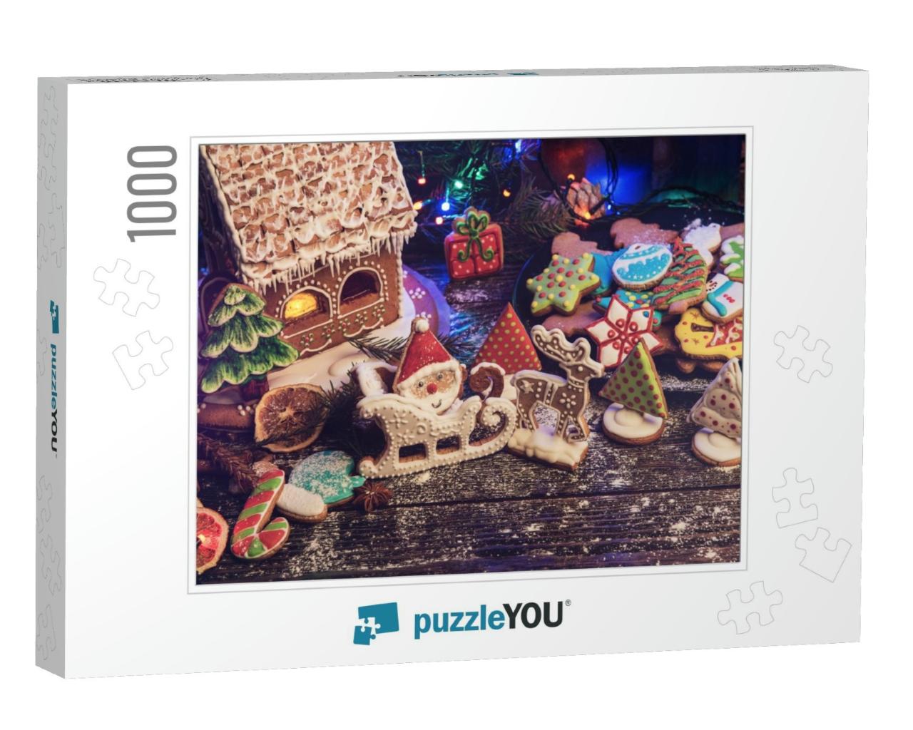 Gingerbreads for New Years & Christmas on Wooden Backgrou... Jigsaw Puzzle with 1000 pieces