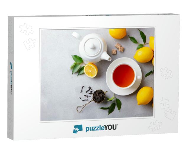 Tea Cup & Pot with Lemon. Grey Background. Copy Space. To... Jigsaw Puzzle