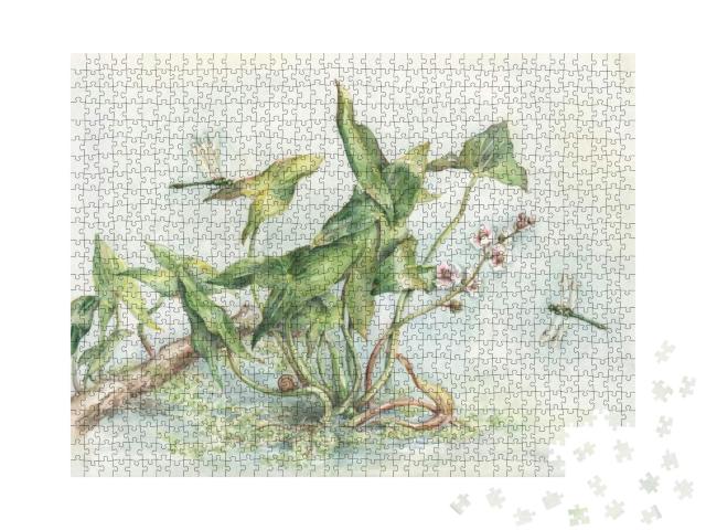 Sagittaria & Dragonflies Hand Painted Watercolor... Jigsaw Puzzle with 1000 pieces