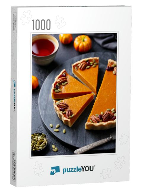 Pumpkin Pie on Marble Board with Cup of Tea. Grey Backgro... Jigsaw Puzzle with 1000 pieces