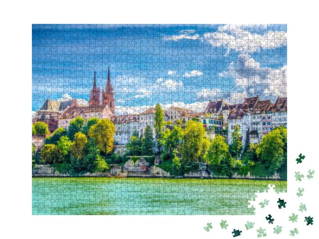 Riverside of Rhine in Basel Dominated by Majestic Buildin... Jigsaw Puzzle with 1000 pieces