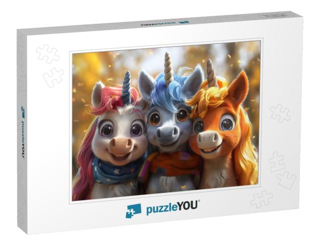 Smiling Rainbow Unicorn Friends Play in Glitter Jigsaw Puzzle