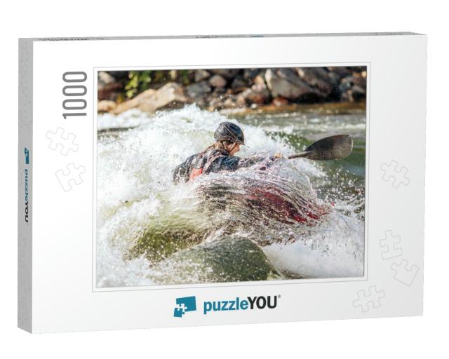 Guy in Kayak Sails Mountain River. Whitewater Kayaking, E... Jigsaw Puzzle with 1000 pieces