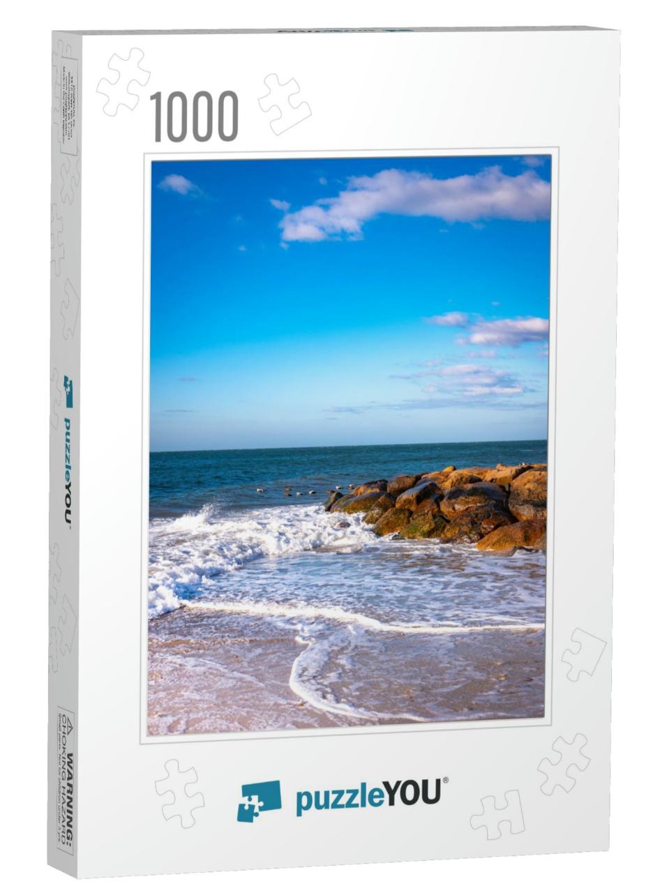 Beach Seascape with the Views of the Jetty & Curving Whit... Jigsaw Puzzle with 1000 pieces