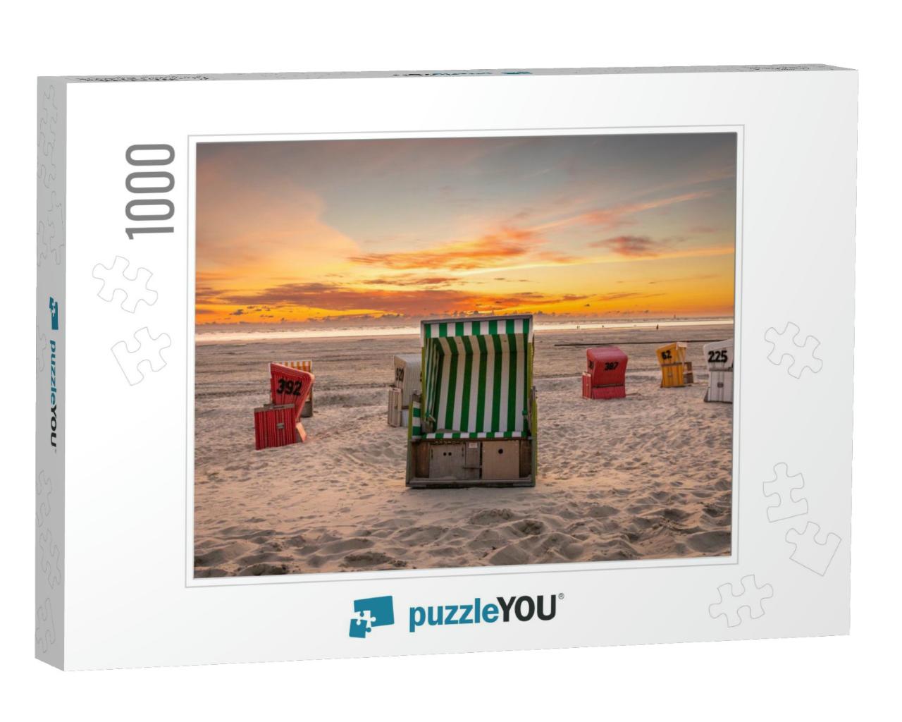 Empty Roofed Wicker Beach Chairs At Langeoog with Beautif... Jigsaw Puzzle with 1000 pieces