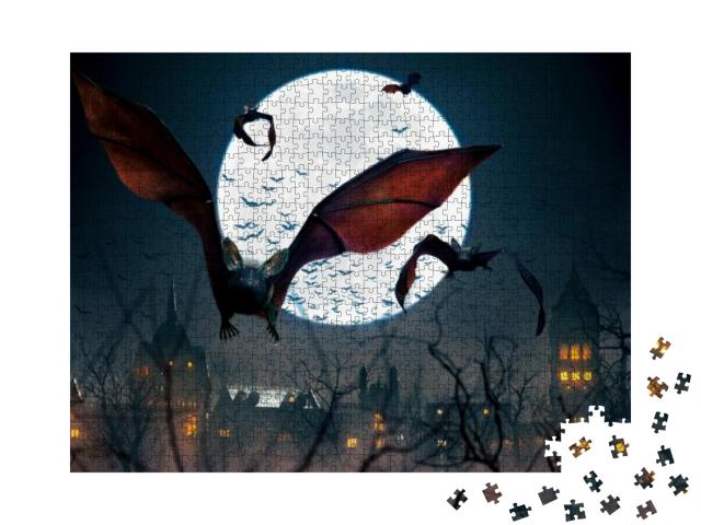 Flying Bats in a Full Moon Scary Night with Trees in a Go... Jigsaw Puzzle with 1000 pieces
