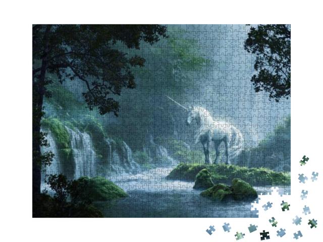 A Beautiful Unicorn in a Magical Forest - Digital Illustr... Jigsaw Puzzle with 1000 pieces