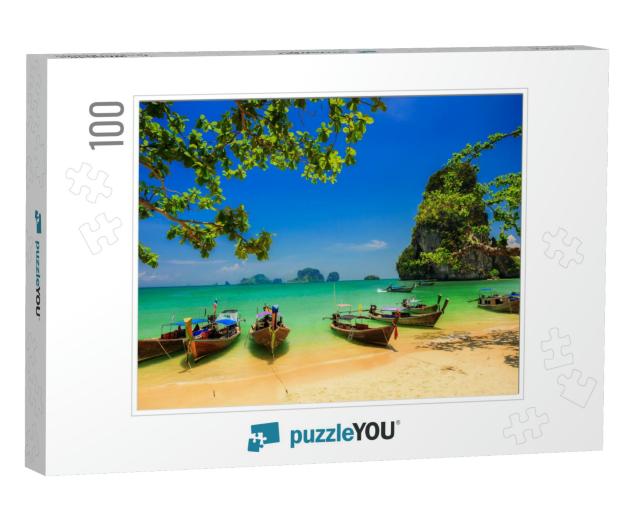 Traditional Longtail Boat At Sunset on Tropical Island, T... Jigsaw Puzzle with 100 pieces