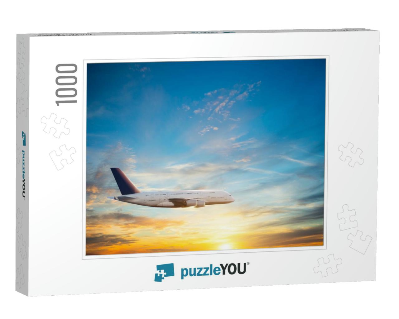 Passengers Commercial Airplane Flying in Sunset Light. Co... Jigsaw Puzzle with 1000 pieces
