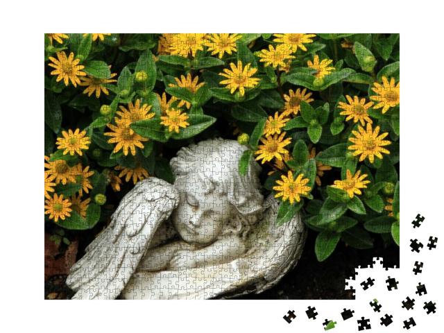 Graveyard, a Sleeping Angel in the Flower Bed... Jigsaw Puzzle with 1000 pieces