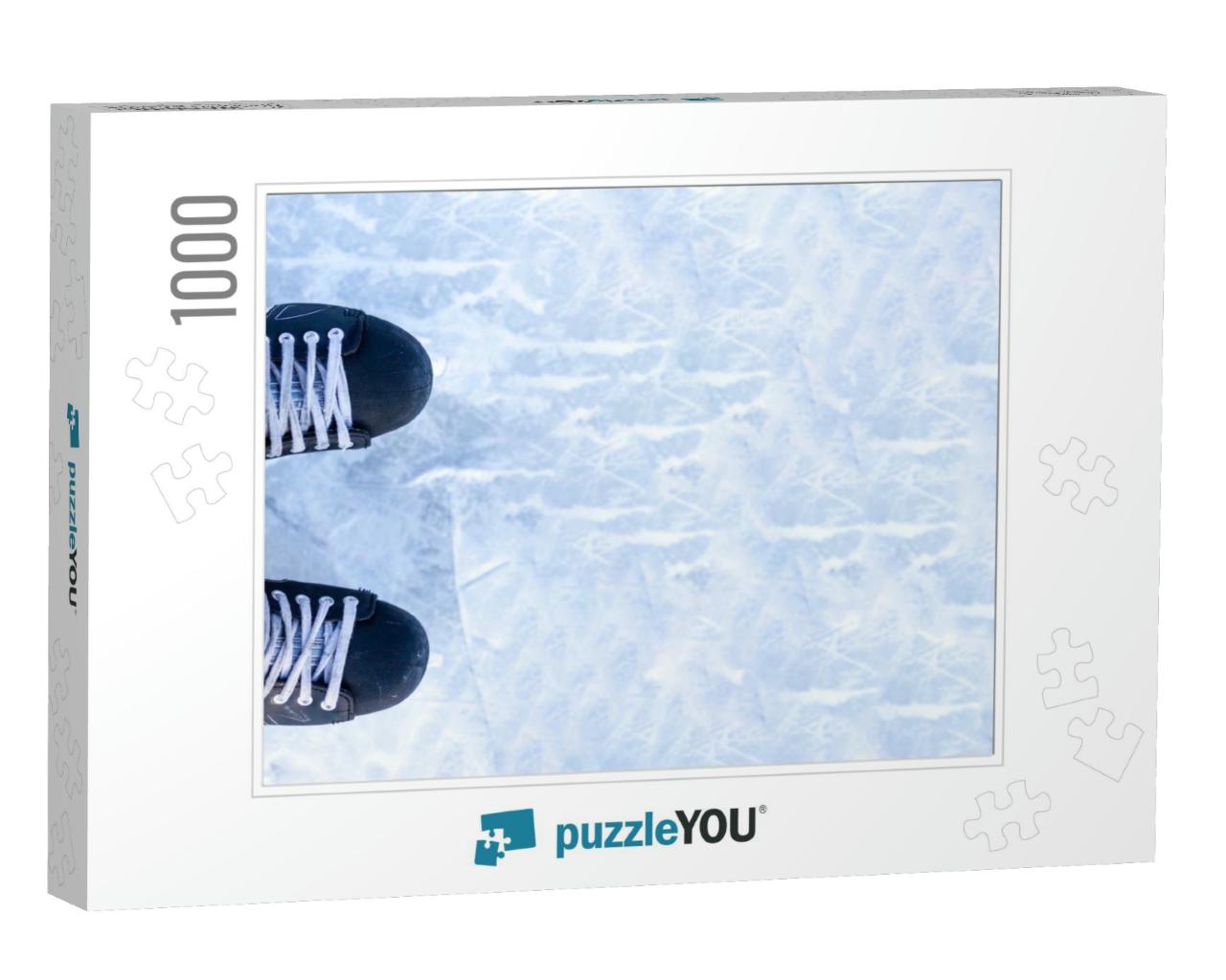 A Pair of Hockey Skates with Laces on Frozen Ice Rink Clo... Jigsaw Puzzle with 1000 pieces