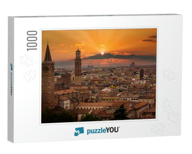 View of Verona. Orange Sunset & Beautiful Sun. Italy... Jigsaw Puzzle with 1000 pieces