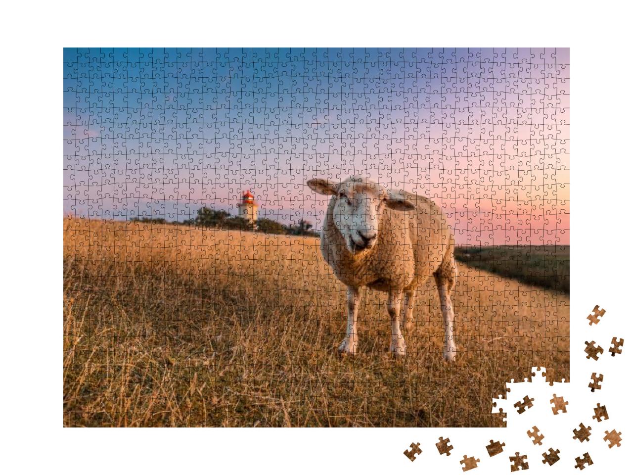 Sheep on the Dike in Front of the Lighthouse Westermarkel... Jigsaw Puzzle with 1000 pieces
