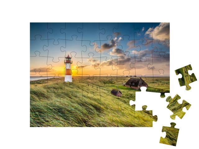 Sunrise At Lighthouse in List on the Island of Sylt, Schl... Jigsaw Puzzle with 48 pieces