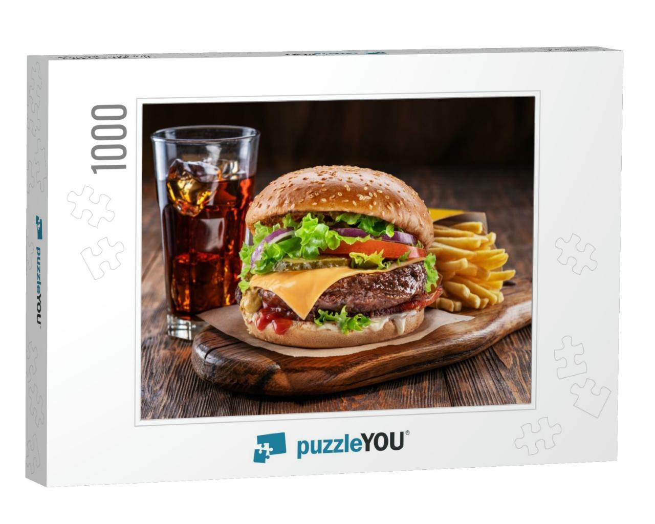 Delicious Hamburger with Cola & Potato Fries on a Wooden... Jigsaw Puzzle with 1000 pieces