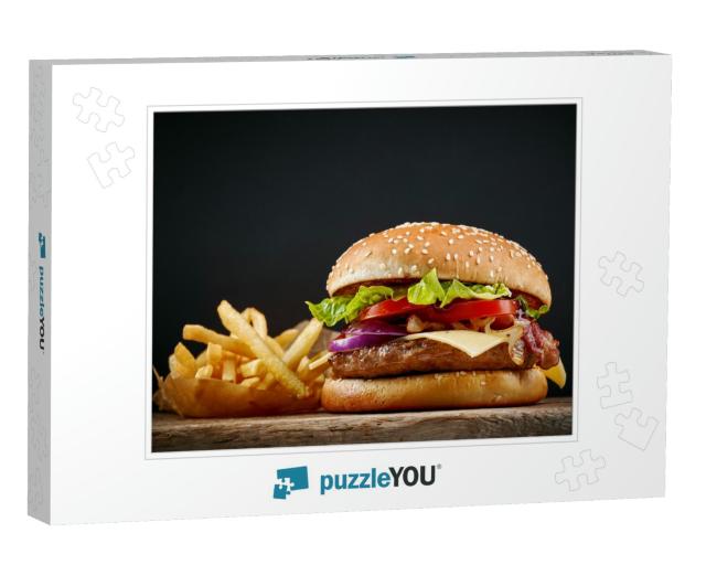 Fresh Tasty Burger & French Fries on Wooden Table... Jigsaw Puzzle